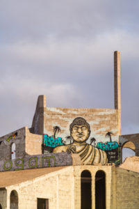 Spain, Canary Islands, Fuerteventura Island, Playa El Jablito, yoga center, Buddha mural Spain, Canary Islands, Fuerteventura Island, Playa El Jablito, yoga center, Buddha mural